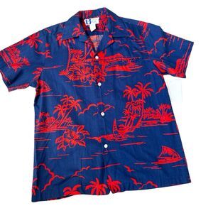 Vintage 80’s Hawaiian Shirt Blue Red Luau Polynesian Village